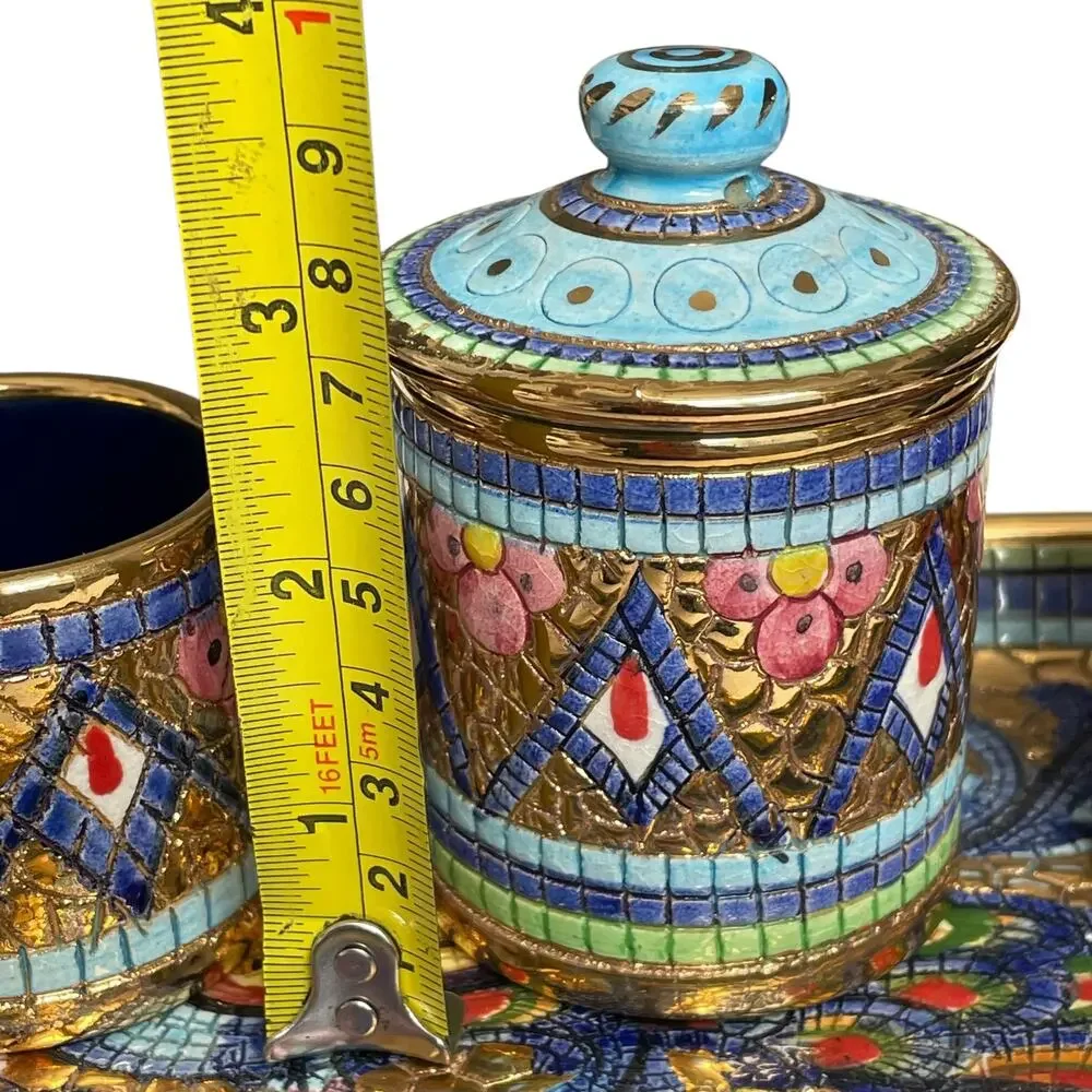 Italian Mosaic Espresso Set Byzantine Peacock Catania 24K Accent Tray Cup Sugar